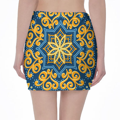 Blue And Gold Bohemian Mandala Print Pencil Mini Skirt
