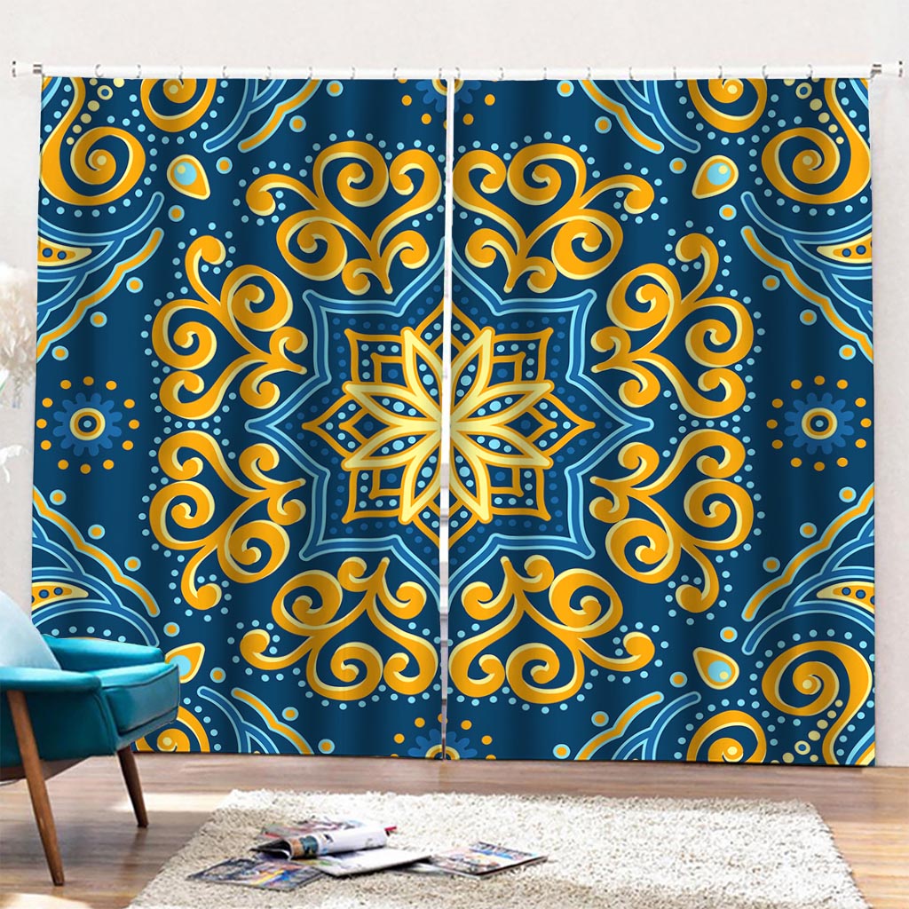 Blue And Gold Bohemian Mandala Print Pencil Pleat Curtains