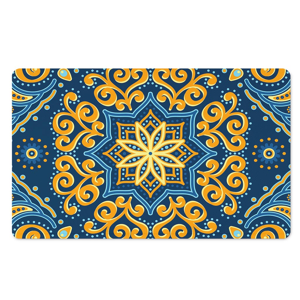 Blue And Gold Bohemian Mandala Print Polyester Doormat