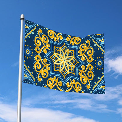 Blue And Gold Bohemian Mandala Print Polyester Flag