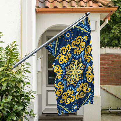 Blue And Gold Bohemian Mandala Print Polyester Flag