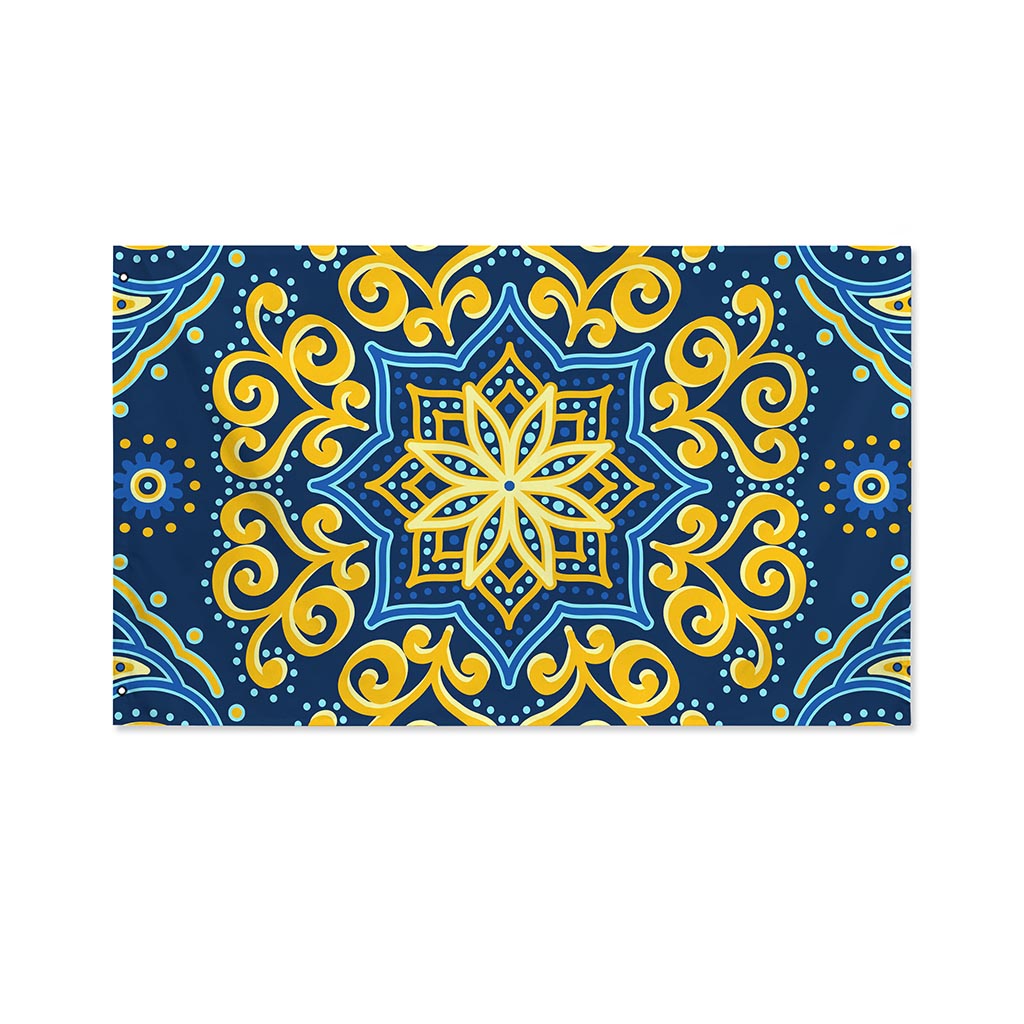 Blue And Gold Bohemian Mandala Print Polyester Flag