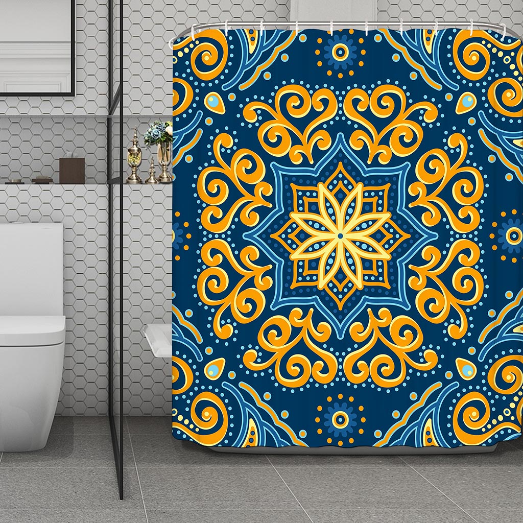 Blue And Gold Bohemian Mandala Print Polyester Shower Curtain