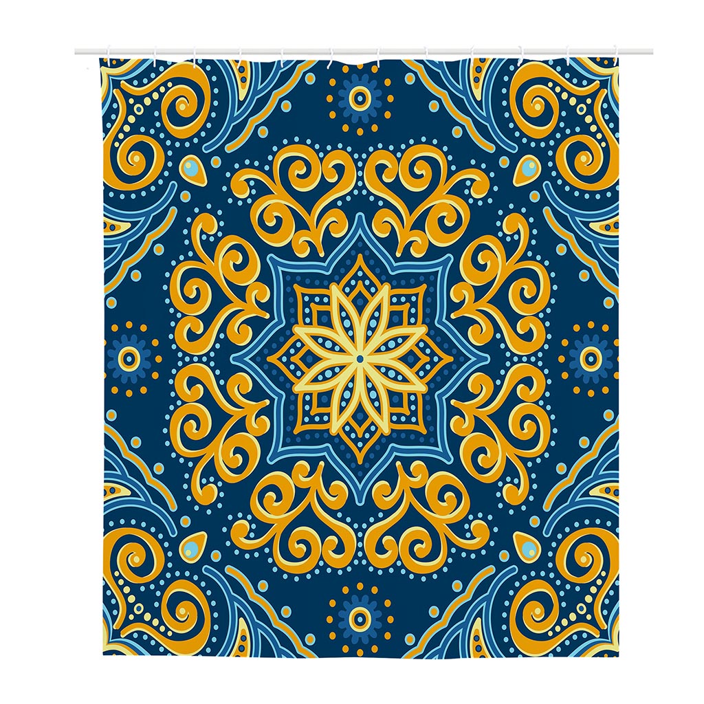 Blue And Gold Bohemian Mandala Print Polyester Shower Curtain