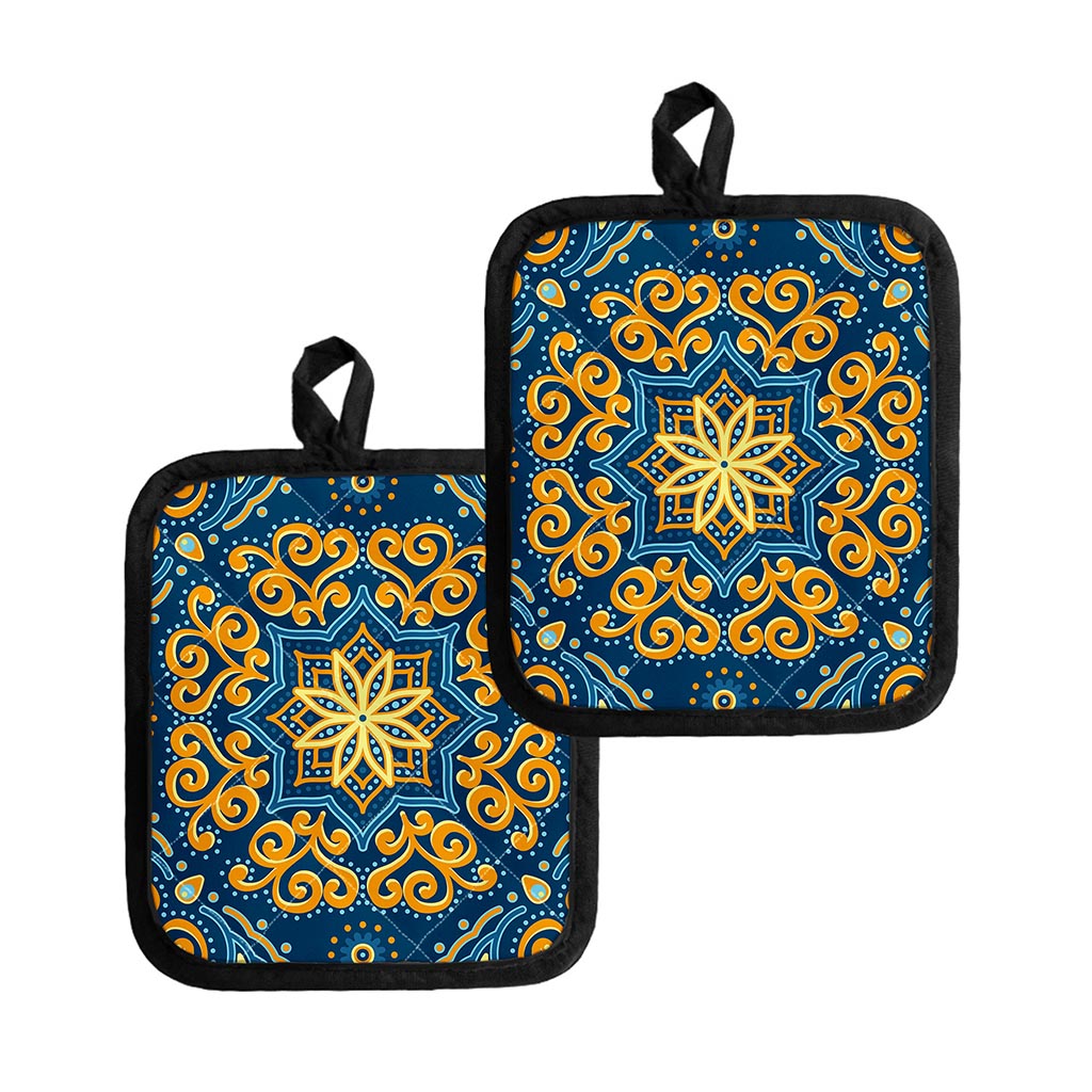 Blue And Gold Bohemian Mandala Print Pot Holders