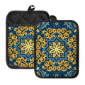 Blue And Gold Bohemian Mandala Print Pot Holders With Pocket