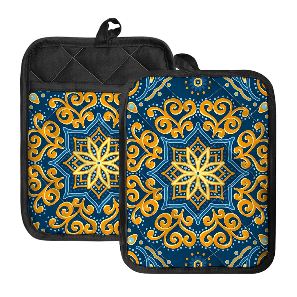 Blue And Gold Bohemian Mandala Print Pot Holders With Pocket