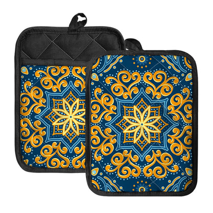 Blue And Gold Bohemian Mandala Print Pot Holders With Pocket