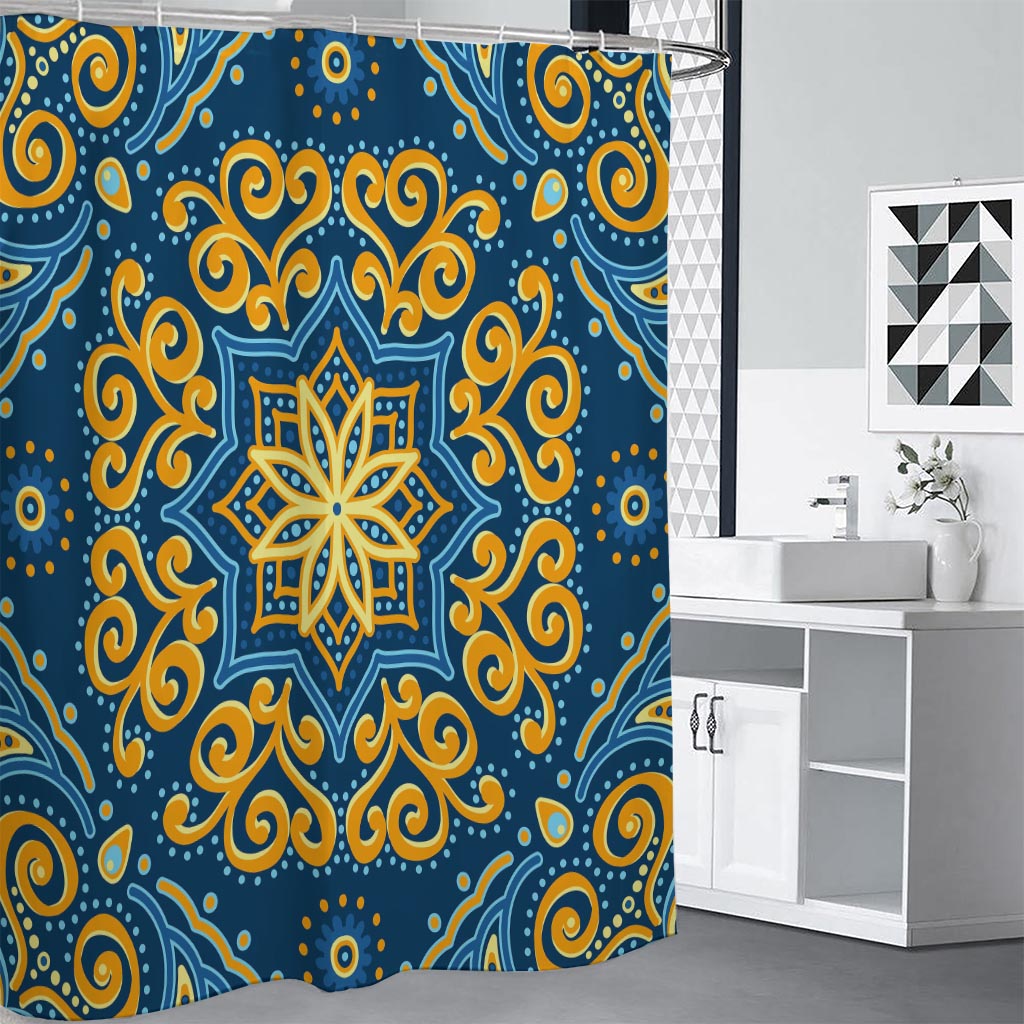 Blue And Gold Bohemian Mandala Print Premium Shower Curtain
