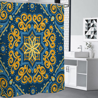 Blue And Gold Bohemian Mandala Print Premium Shower Curtain