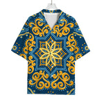 Blue And Gold Bohemian Mandala Print Rayon Hawaiian Shirt