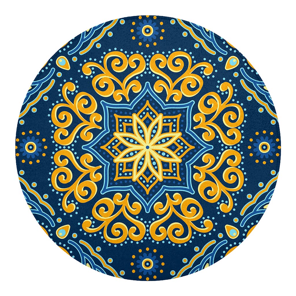 Blue And Gold Bohemian Mandala Print Round Blanket