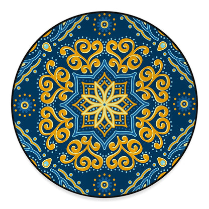 Blue And Gold Bohemian Mandala Print Round Floor Mat