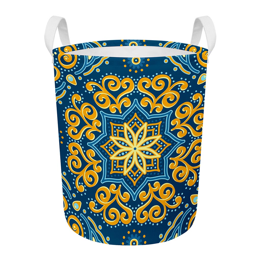 Blue And Gold Bohemian Mandala Print Round Laundry Basket