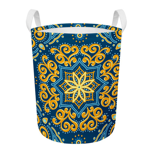 Blue And Gold Bohemian Mandala Print Round Laundry Basket
