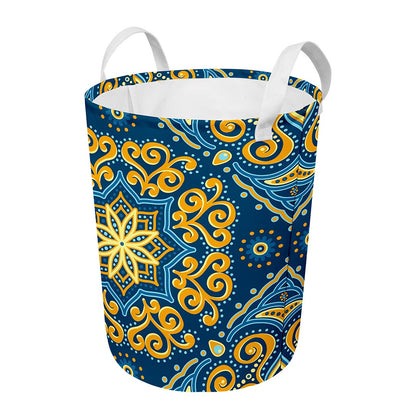 Blue And Gold Bohemian Mandala Print Round Laundry Basket