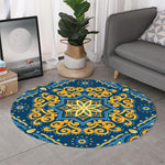 Blue And Gold Bohemian Mandala Print Round Rug