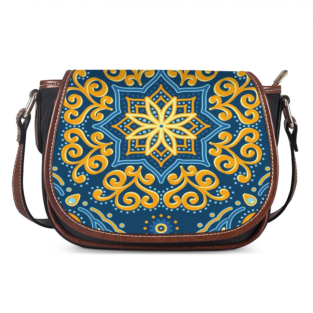 Blue And Gold Bohemian Mandala Print Saddle Bag