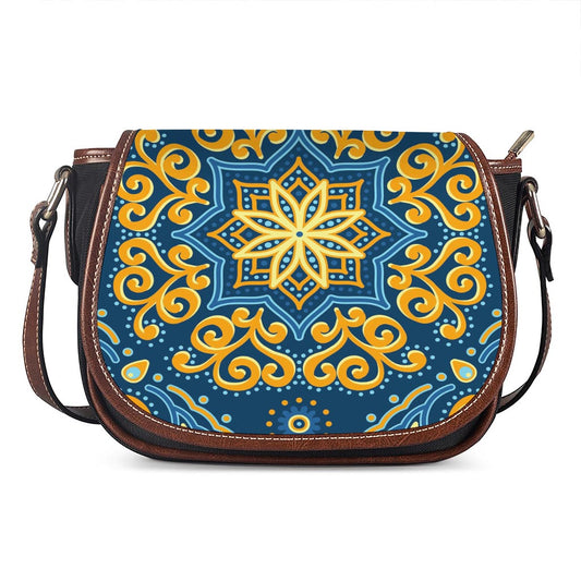 Blue And Gold Bohemian Mandala Print Saddle Bag