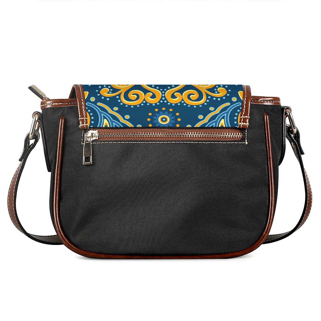 Blue And Gold Bohemian Mandala Print Saddle Bag