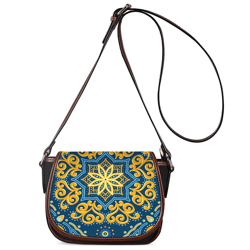 Blue And Gold Bohemian Mandala Print Saddle Bag