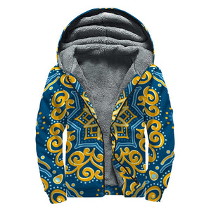 Blue And Gold Bohemian Mandala Print Sherpa Lined Zip Up Hoodie