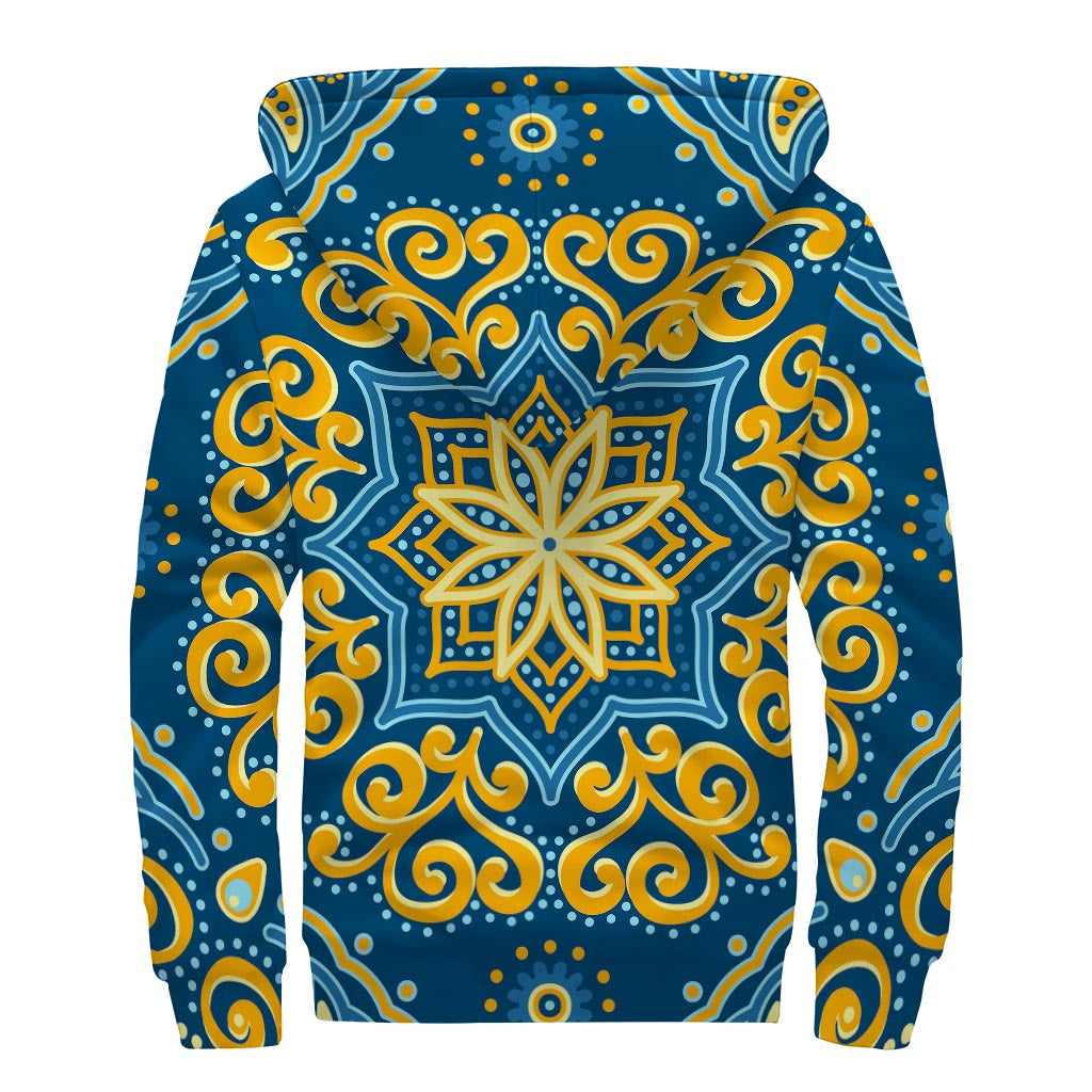 Blue And Gold Bohemian Mandala Print Sherpa Lined Zip Up Hoodie