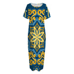 Blue And Gold Bohemian Mandala Print Short Sleeve Long Nightdress