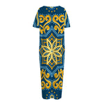 Blue And Gold Bohemian Mandala Print Short Sleeve Long Nightdress