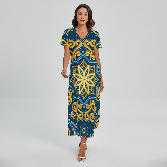 Blue And Gold Bohemian Mandala Print Short Sleeve Maxi Dress