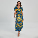 Blue And Gold Bohemian Mandala Print Short Sleeve Maxi Dress