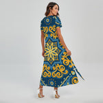 Blue And Gold Bohemian Mandala Print Short Sleeve Maxi Dress