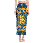Blue And Gold Bohemian Mandala Print Side Slit Maxi Skirt