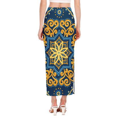 Blue And Gold Bohemian Mandala Print Side Slit Maxi Skirt