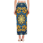 Blue And Gold Bohemian Mandala Print Side Slit Maxi Skirt