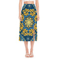 Blue And Gold Bohemian Mandala Print Side Slit Midi Skirt
