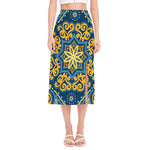 Blue And Gold Bohemian Mandala Print Side Slit Midi Skirt