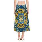 Blue And Gold Bohemian Mandala Print Side Slit Midi Skirt