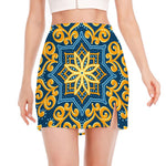 Blue And Gold Bohemian Mandala Print Side Slit Mini Skirt