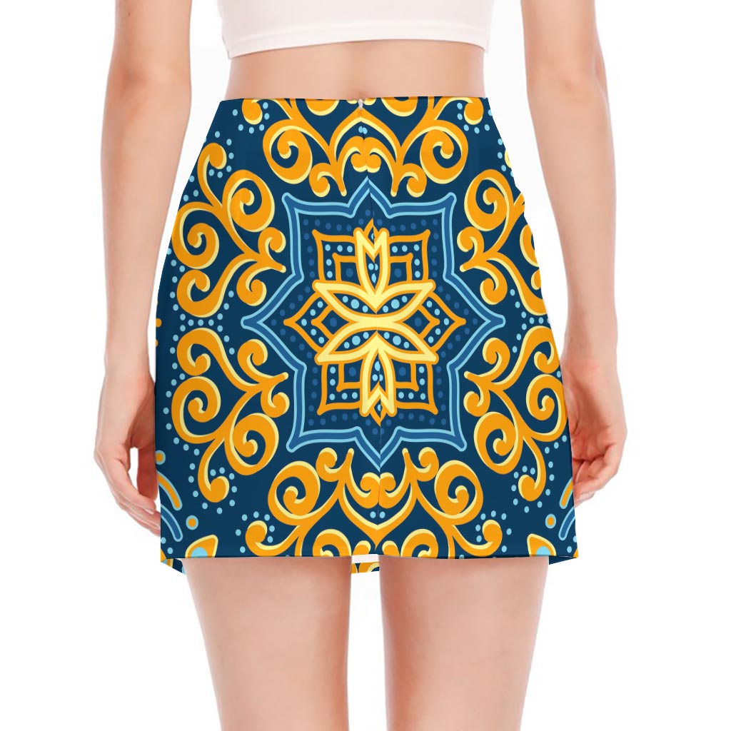 Blue And Gold Bohemian Mandala Print Side Slit Mini Skirt