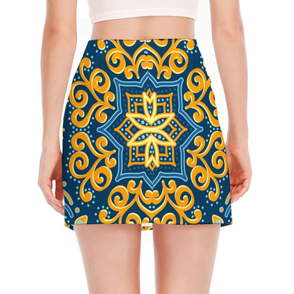 Blue And Gold Bohemian Mandala Print Side Slit Mini Skirt