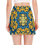 Blue And Gold Bohemian Mandala Print Side Slit Mini Skirt
