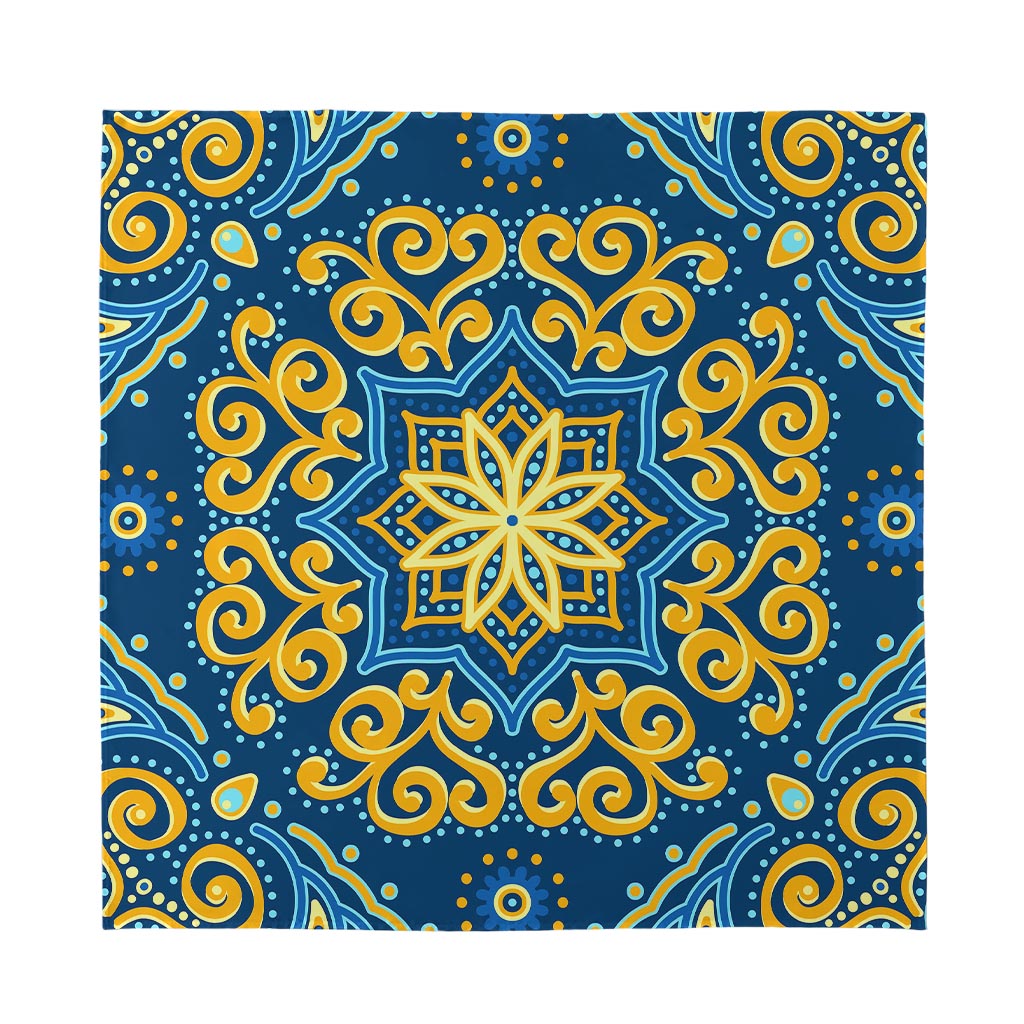 Blue And Gold Bohemian Mandala Print Silk Bandana