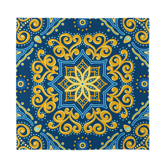 Blue And Gold Bohemian Mandala Print Silk Bandana