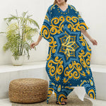 Blue And Gold Bohemian Mandala Print Silk V-Neck Kaftan Dress
