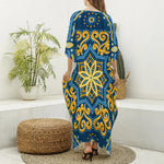 Blue And Gold Bohemian Mandala Print Silk V-Neck Kaftan Dress