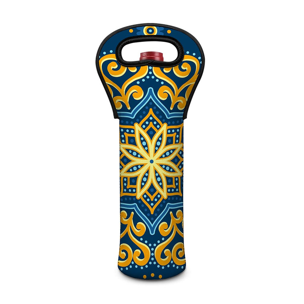 Blue And Gold Bohemian Mandala Print Single Neoprene Wine Tote