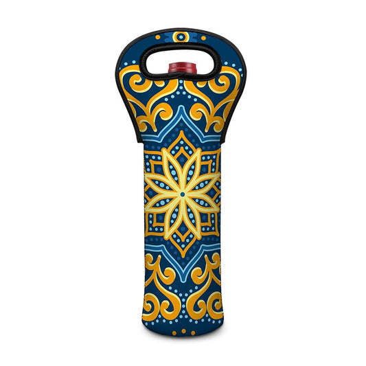 Blue And Gold Bohemian Mandala Print Single Neoprene Wine Tote