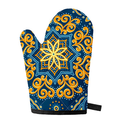 Blue And Gold Bohemian Mandala Print Single Oven Mitt