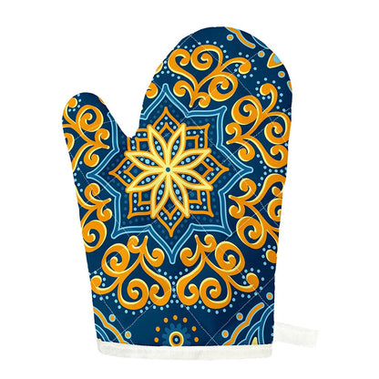 Blue And Gold Bohemian Mandala Print Single Oven Mitt